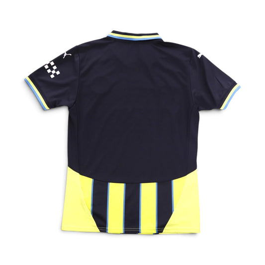 Manchester City 2024/25 away shirt back, plain navy with yellow striped hem panel