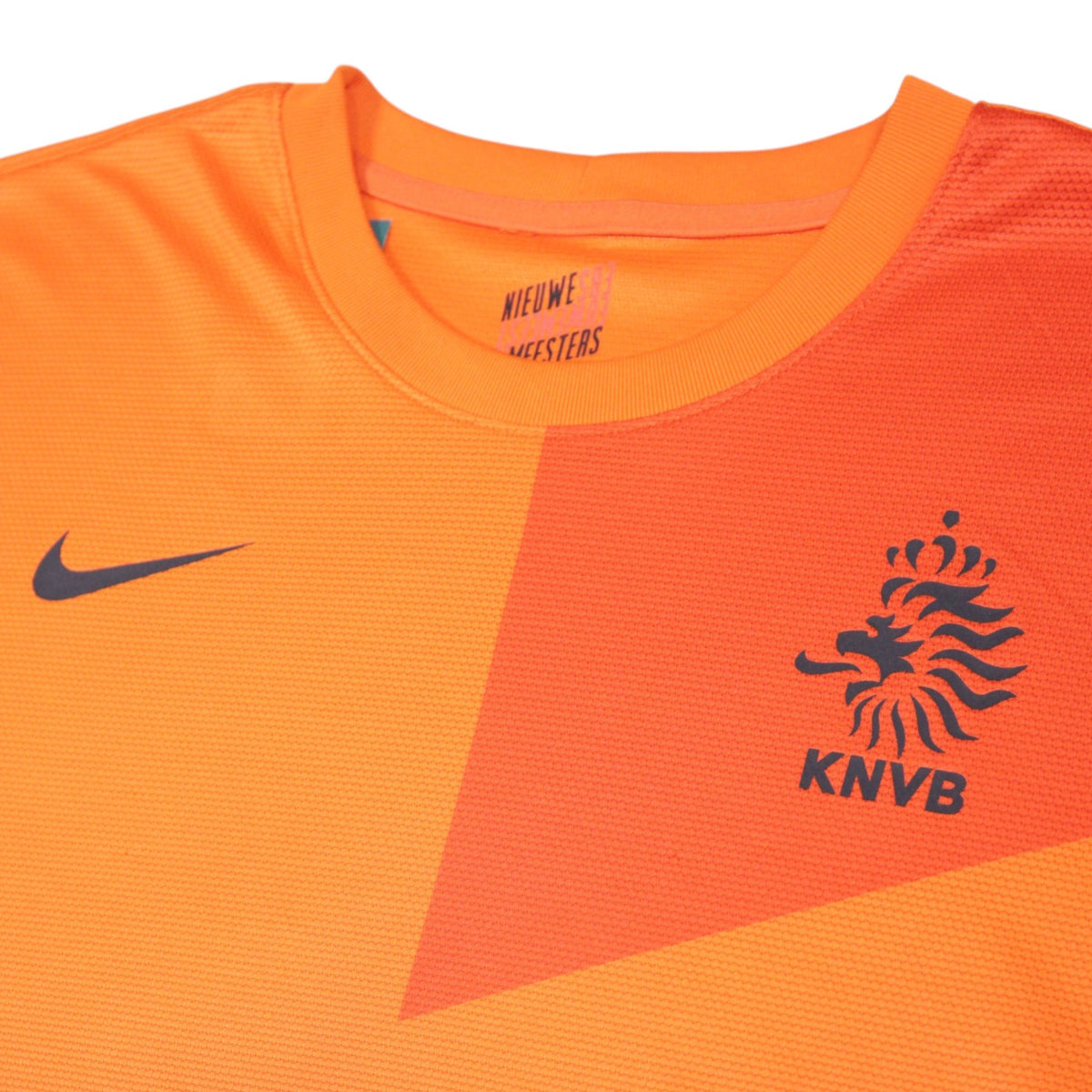 Close-up of Netherlands shirt collar, Nike swoosh and KNVB crest detail