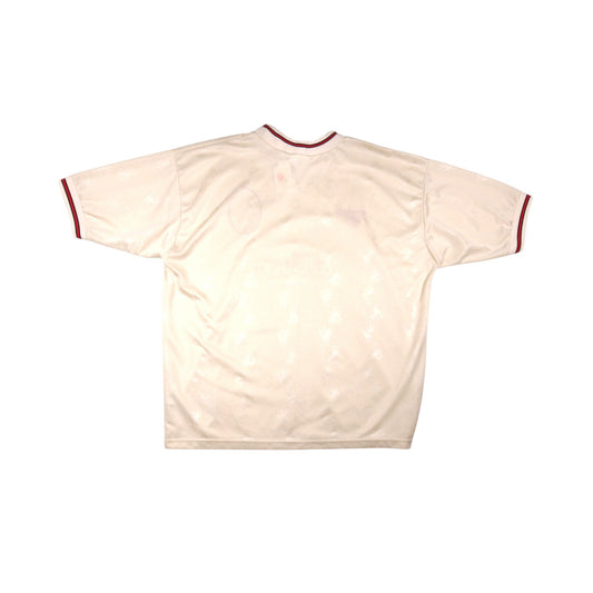 Back view of 1996/97 Liverpool away shirt showing plain cream back with faint mark
