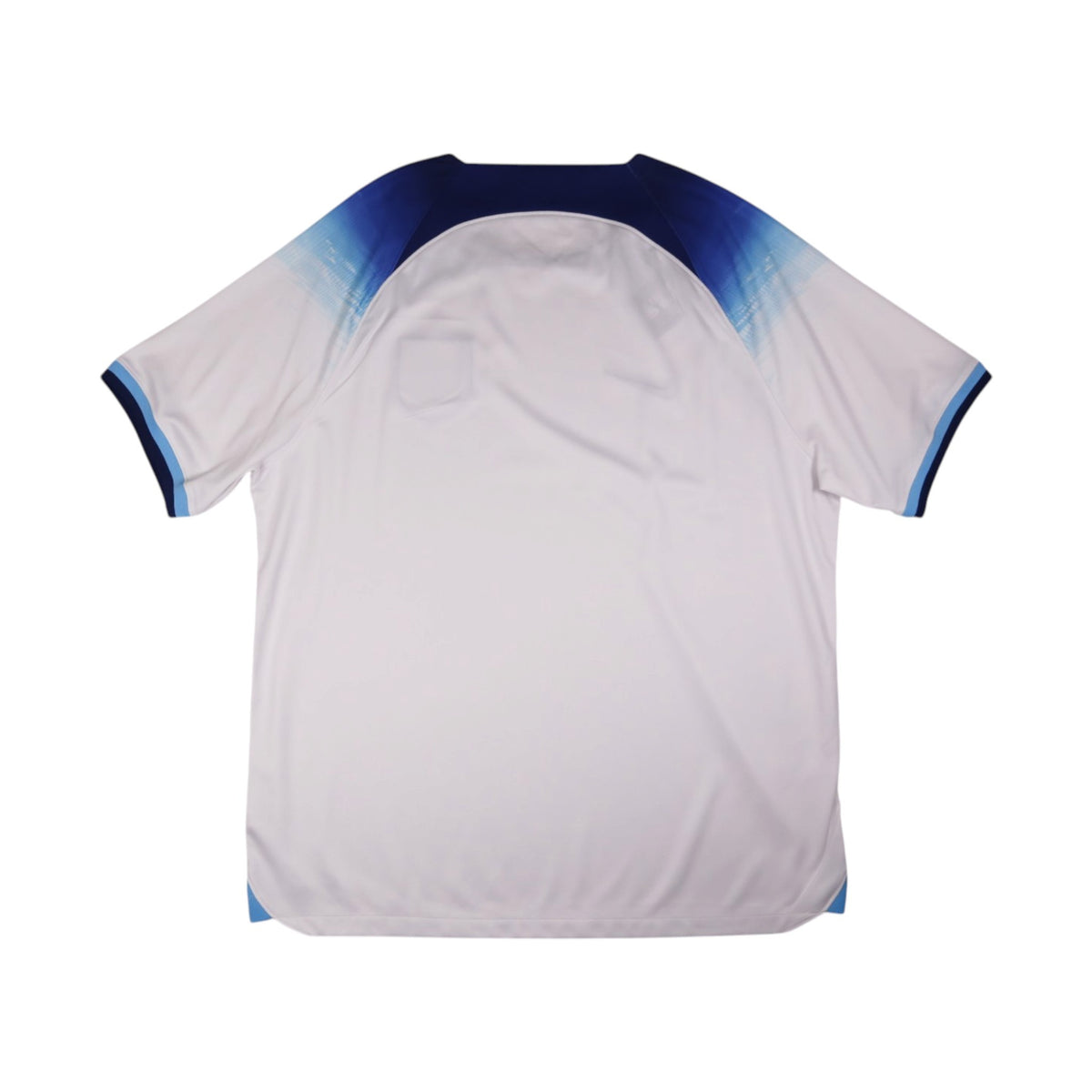 Back of 2022/23 England home shirt by Nike, showing navy and blue sleeve gradient
