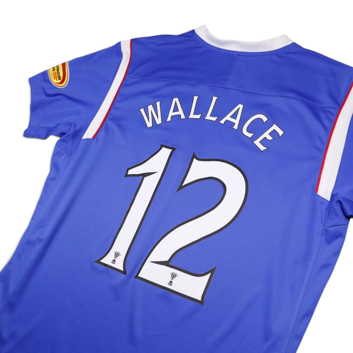 Close-up detail of Rangers shirt back showing Wallace #12 and Clydesdale Bank Premier League patch