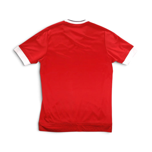 Back of 2015/16 Manchester United home shirt in plain red with white cuffs