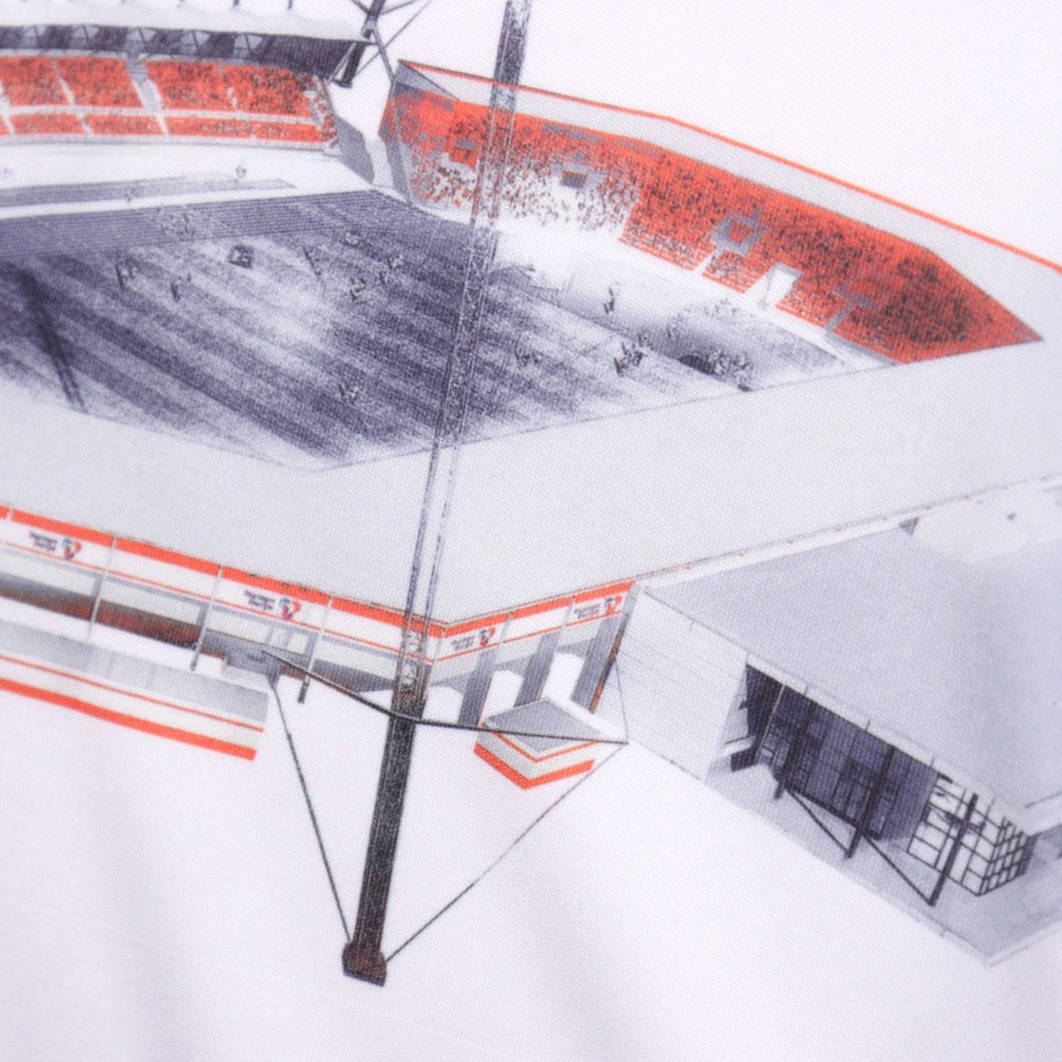 Close-up of the stadium graphic printed on the lower front of the shirt