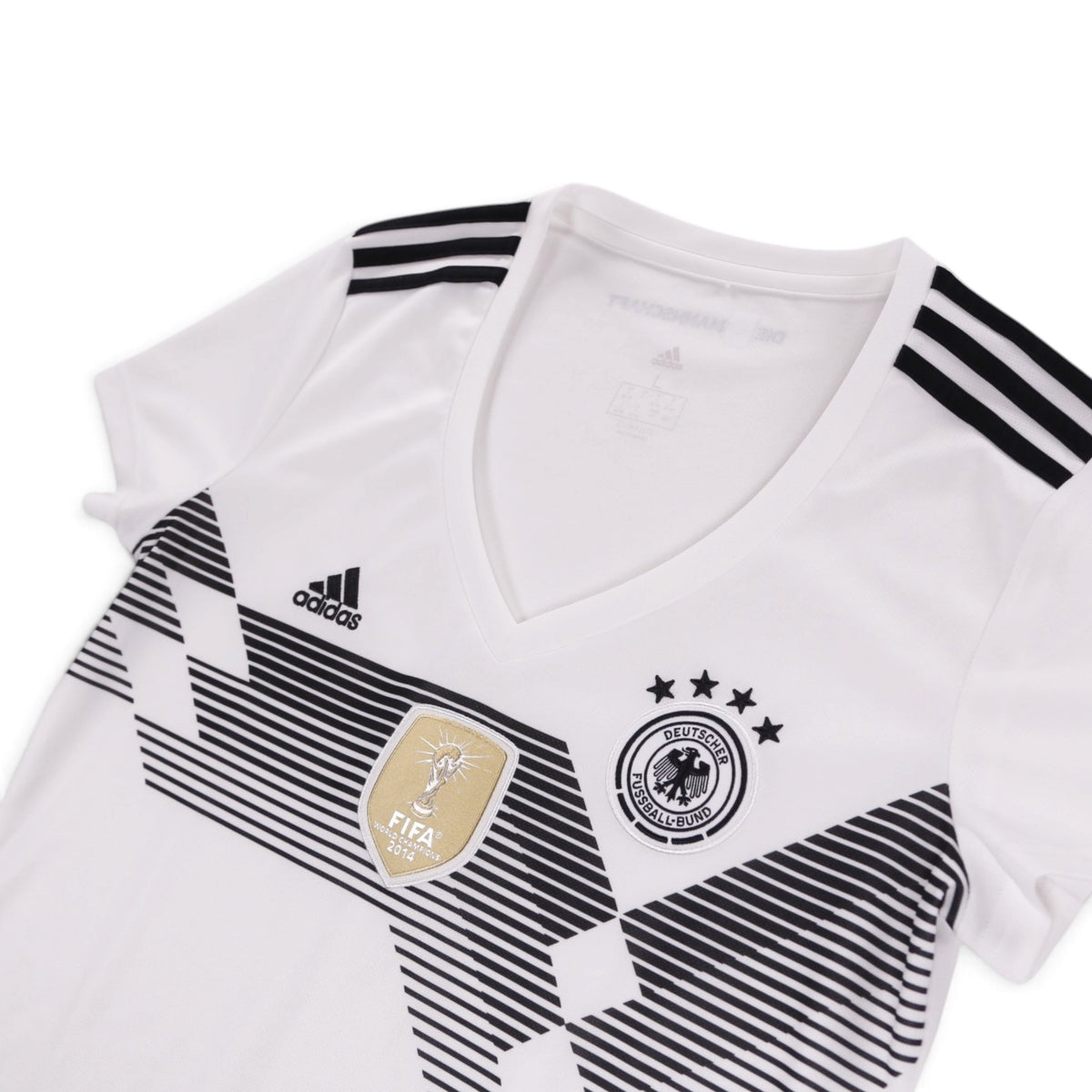 Close-up of Germany shirt collar, adidas logo, crest and neck label