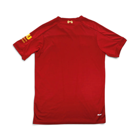 Back of 2019/20 Liverpool home shirt showing plain red body and Western Union sleeve print
