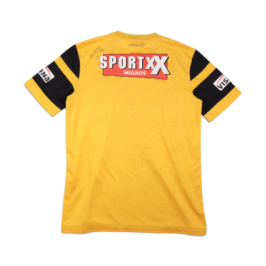 BSC Young Boys 2015/16 home shirt, back view showing signatures and SportXX Migros print