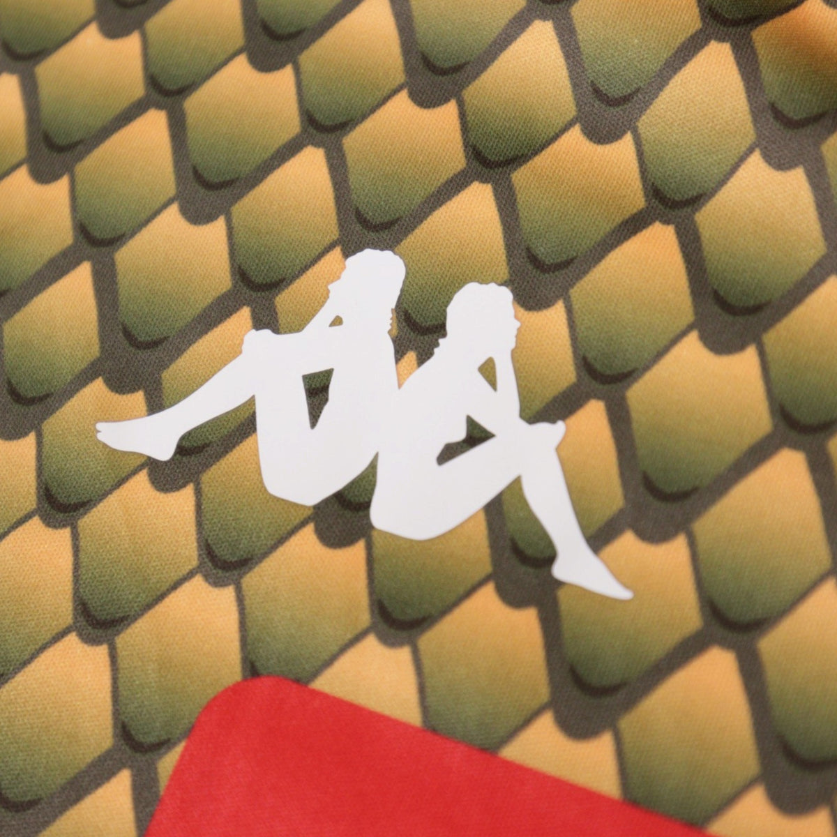 Close-up of the Kappa Omini logo on the snake-scale fabric