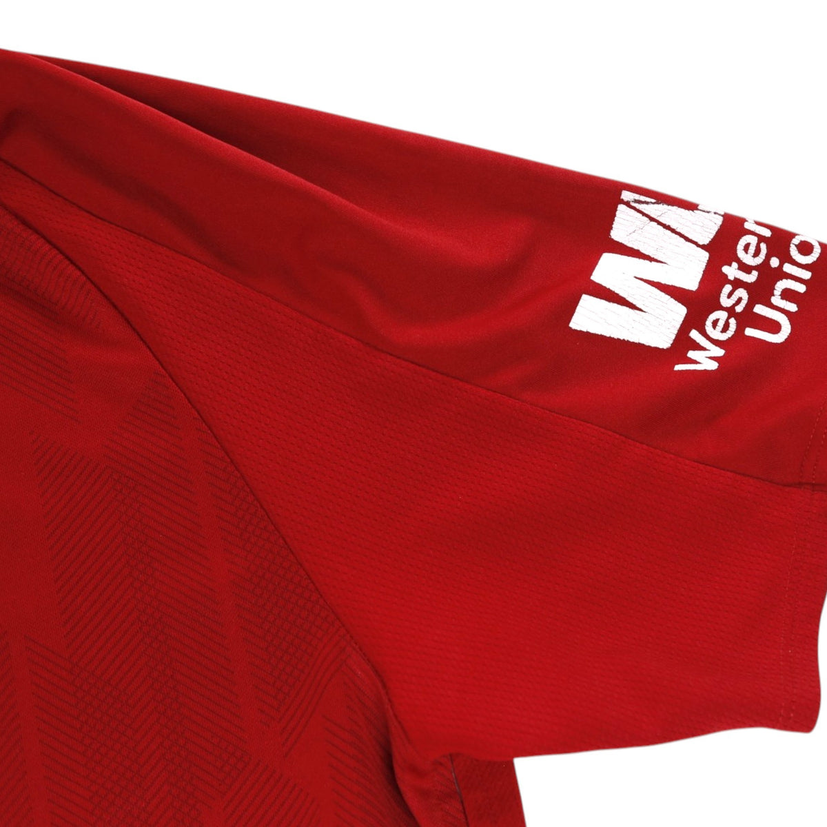 Close-up of the sleeve showing the Western Union logo and collar trim