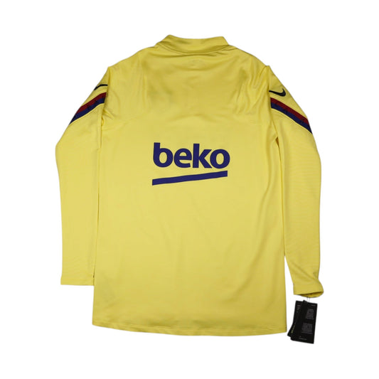 Back view of 2019/20 Barcelona Nike yellow training top showing Beko sponsor and sleeve trim
