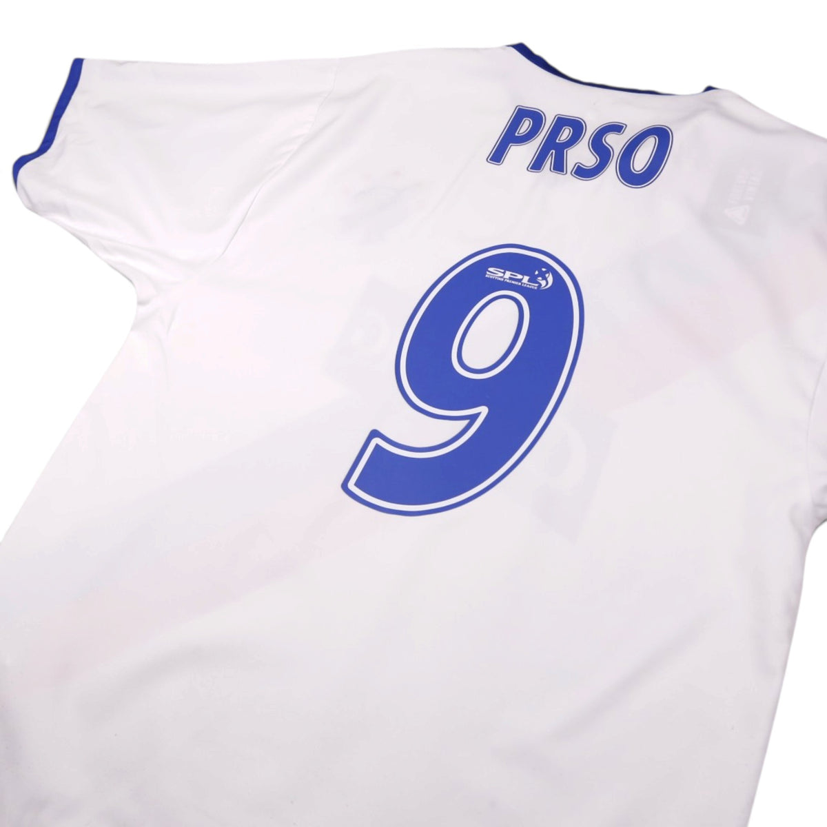 Close-up of Prso name and number 9 printing with SPL badge on Rangers away shirt