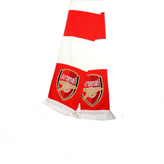 Forever Vintage Arsenal bar scarf in red and white jacquard knit with team crest and fringed ends