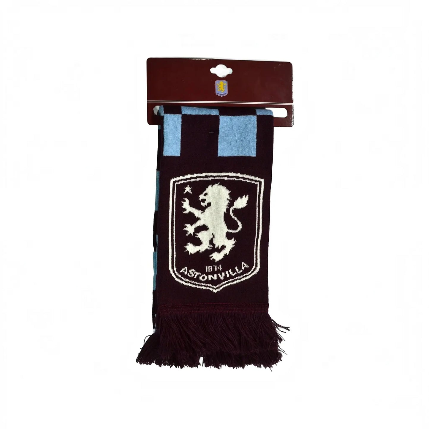 Forever Vintage Aston Villa football scarf in sky blue and claret with a checkered pattern and team crest embroidery.