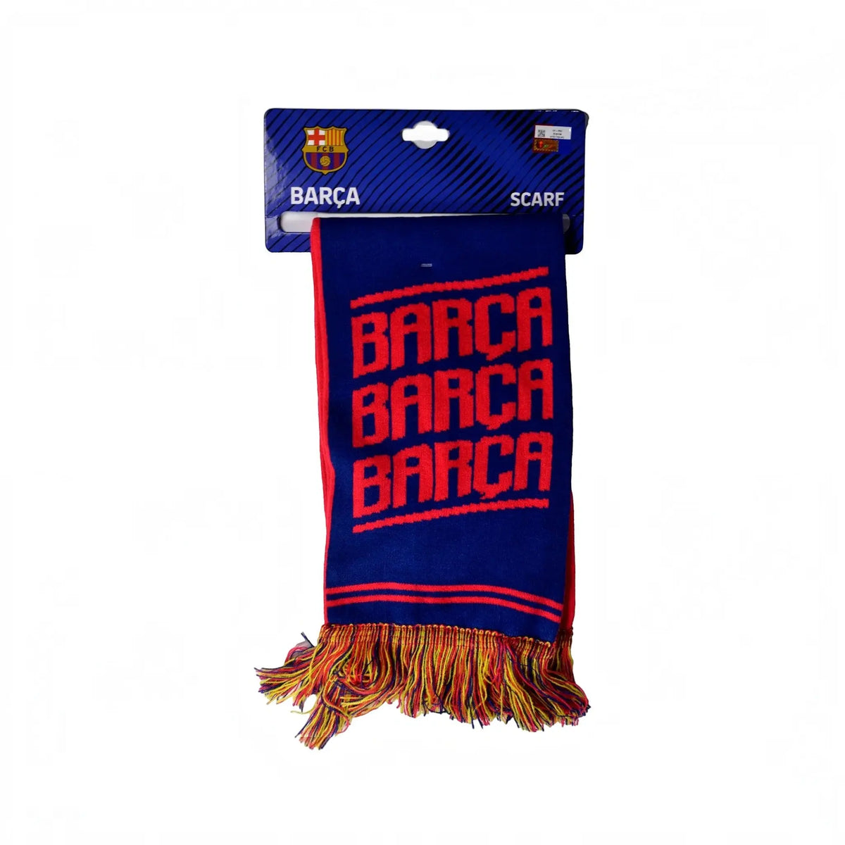 Forever Vintage Barcelona FC football scarf in blue and red with Barca text and multi-coloured fringe detail