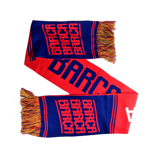 Forever Vintage Barcelona football scarf in red and blue with Barca text and multi-coloured fringed ends