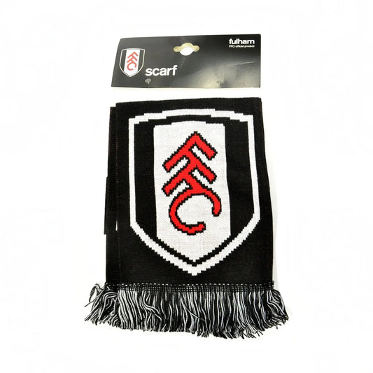 Forever Vintage Fulham FC bar scarf in black and white with a red club crest and fringed ends
