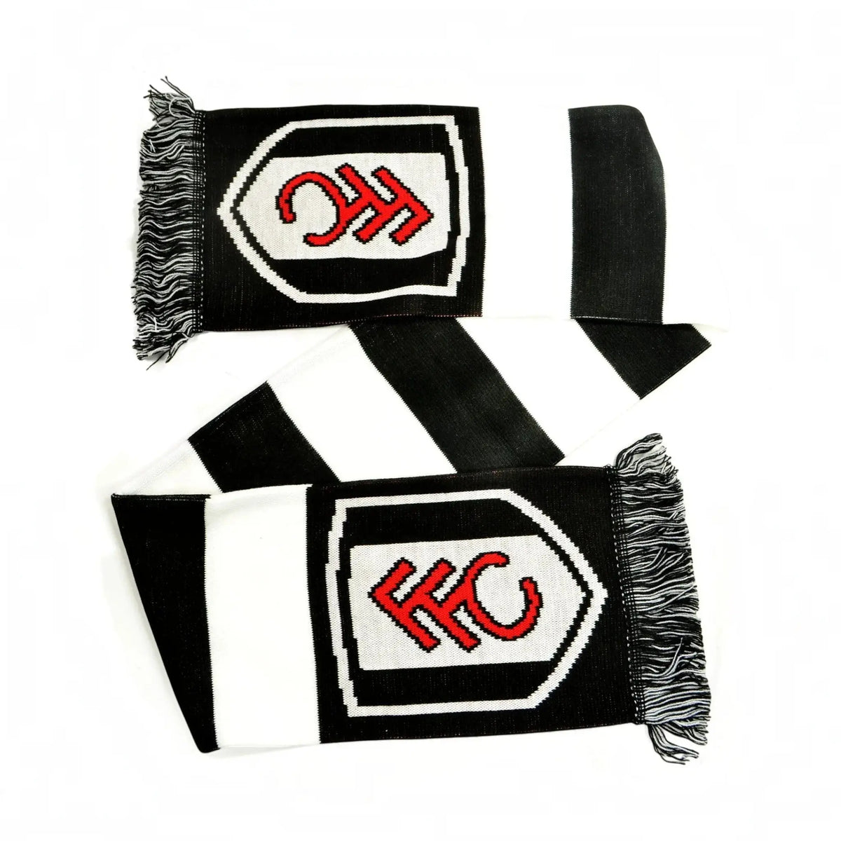 Forever Vintage Fulham football bar scarf in black and white with team crest and fringed ends
