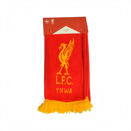 Forever Vintage Liverpool FC knit scarf in red with gold Liverbird logo, L.F.C. text, and YNWA slogan with tassels.