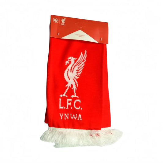 Forever Vintage Liverpool FC knit scarf in red and white featuring the LFC Liverbird logo and YNWA text with fringe