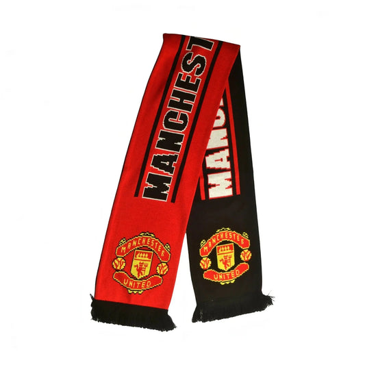 Forever Vintage Man Utd jacquard knit scarf in red and black with team crest and Manchester text