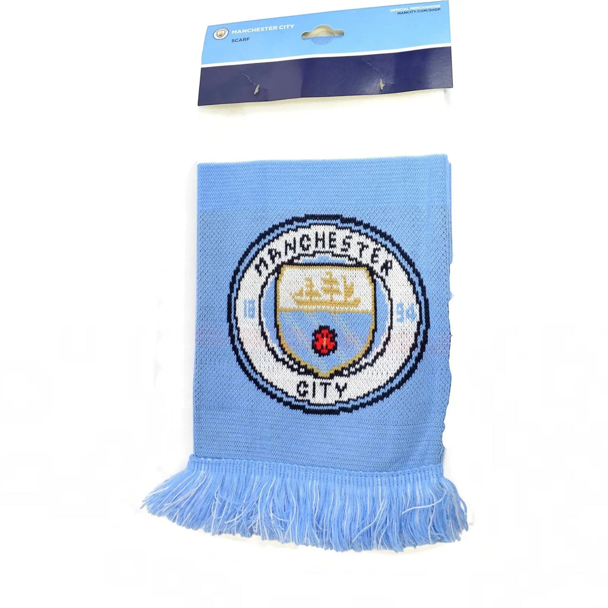 Forever Vintage Manchester City bar scarf in sky blue and white with official team crest and fringed ends