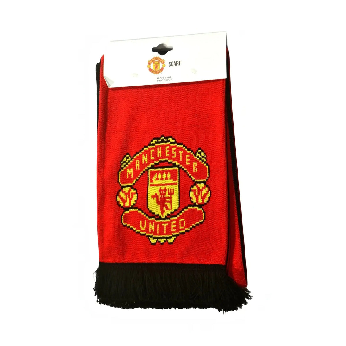 Forever Vintage Manchester United red and yellow jacquard knit scarf with black fringe and official team crest