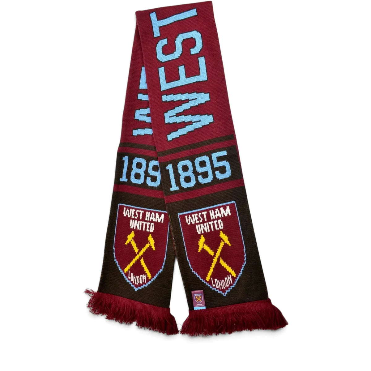 Forever Vintage West Ham United jacquard scarf in claret and blue with 1895 text and club crest detailing