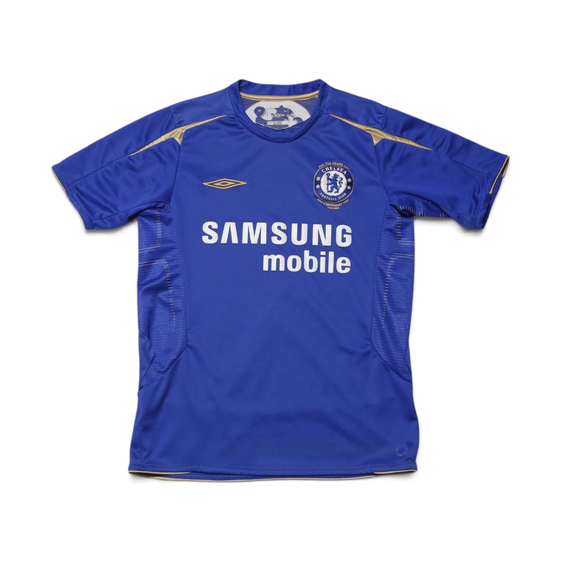 Front view of 2005-06 Chelsea home shirt with Samsung Mobile sponsor and Centenary crest