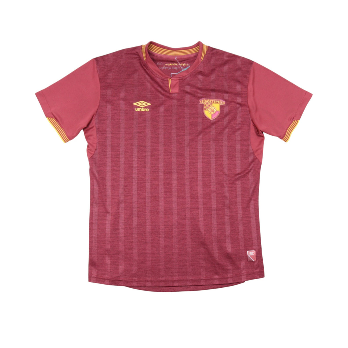Front view of 2021/22 Göztepe SK Umbro third football shirt in maroon with pink sleeves
