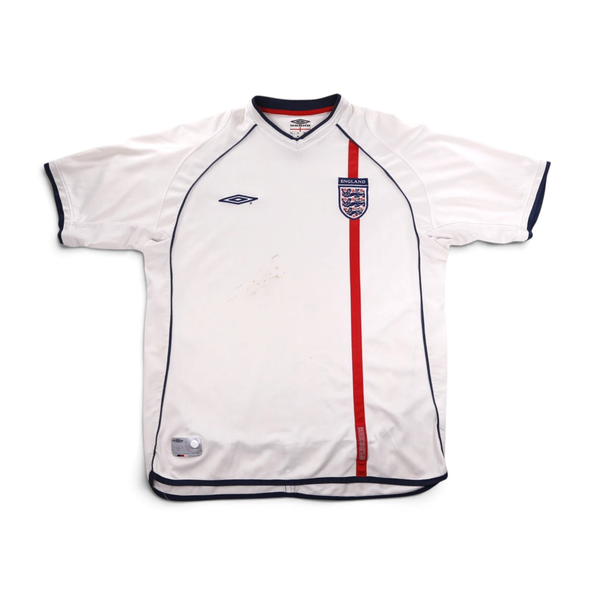 England 2001/03 home shirt front view showing crest and red stripe