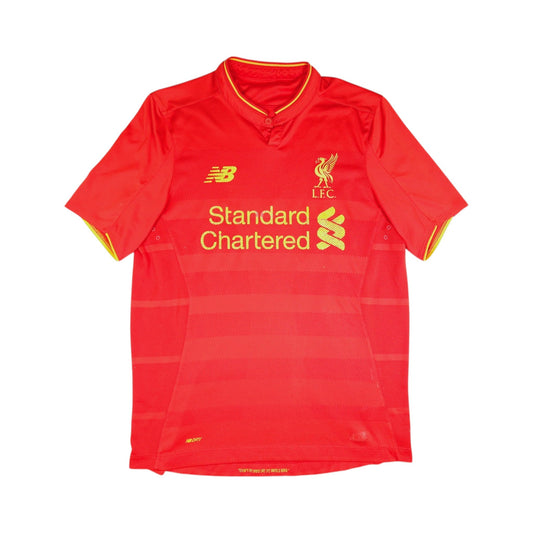 Front of the 2016/17 Liverpool home shirt with New Balance logo, crest and Standard Chartered sponsor