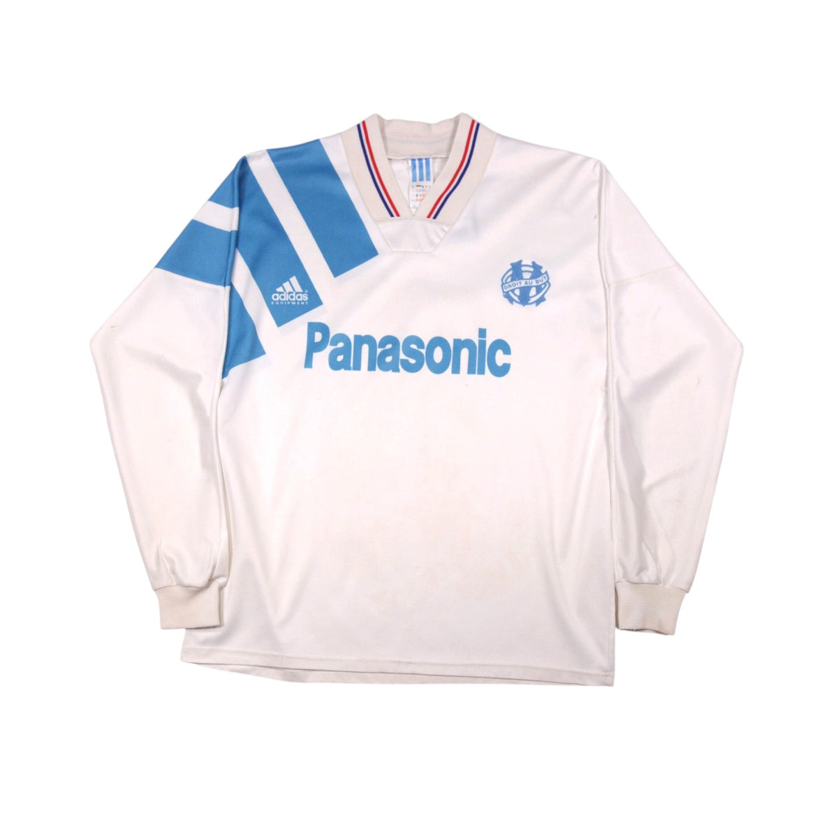 1992/93 Olympique Marseille home shirt back view showing sky blue shoulder panel