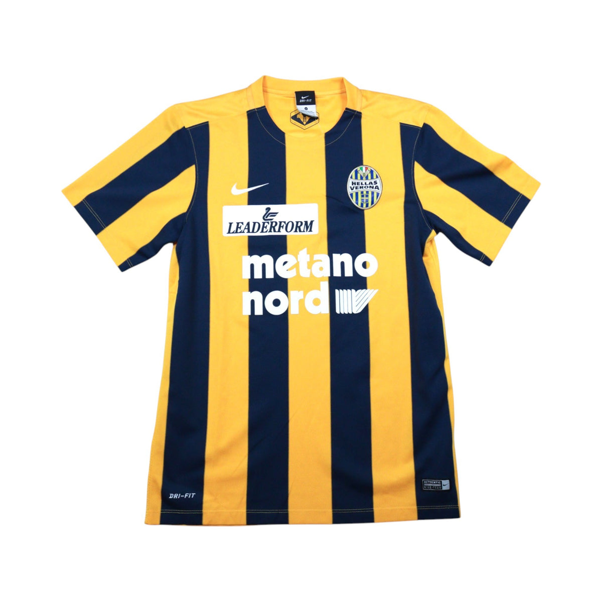 Hellas Verona 2015/16 Nike home shirt, front view showing yellow and navy stripes with Leaderform and metano nord sponsors