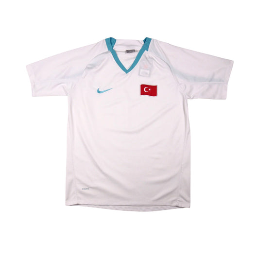 2008/09 Turkey away shirt front view, white with turquoise collar trim and Turkish flag crest