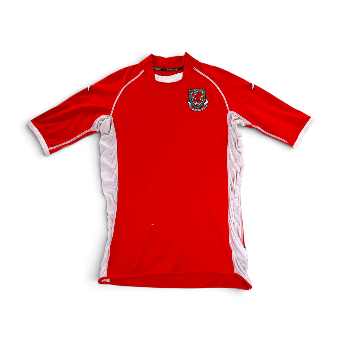 Wales 2002/04 home shirt front view, red with white trim and Welsh crest on the chest