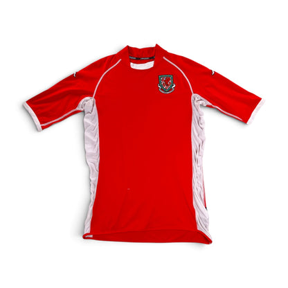 Wales 2002/04 home shirt front view, red with white trim and Welsh crest on the chest