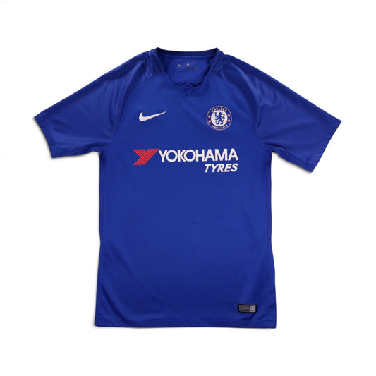 Chelsea 2017/18 home shirt front view showing Nike swoosh and Yokohama Tyres sponsor