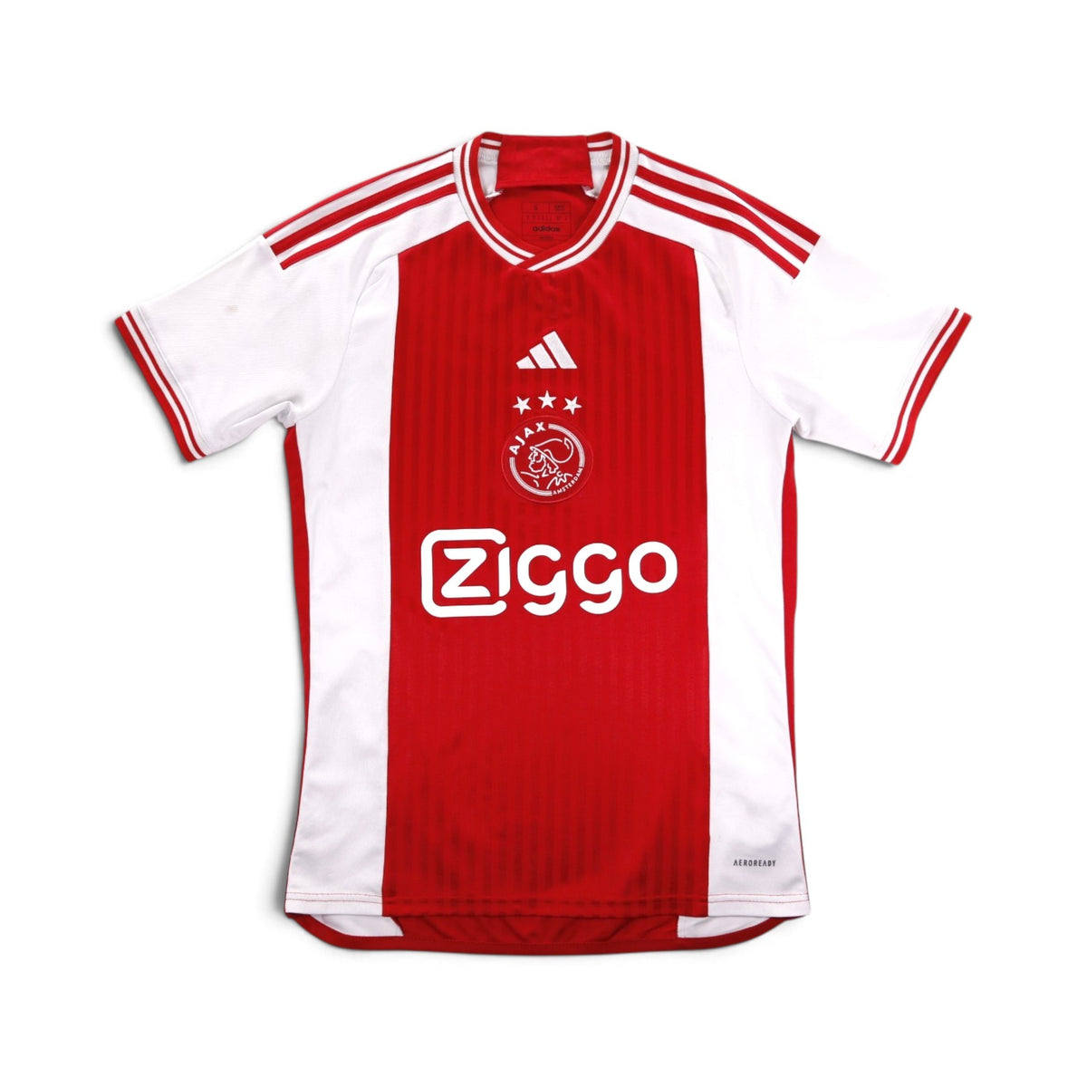 Ajax 2023/24 home shirt, front view, red and white with Ziggo sponsor