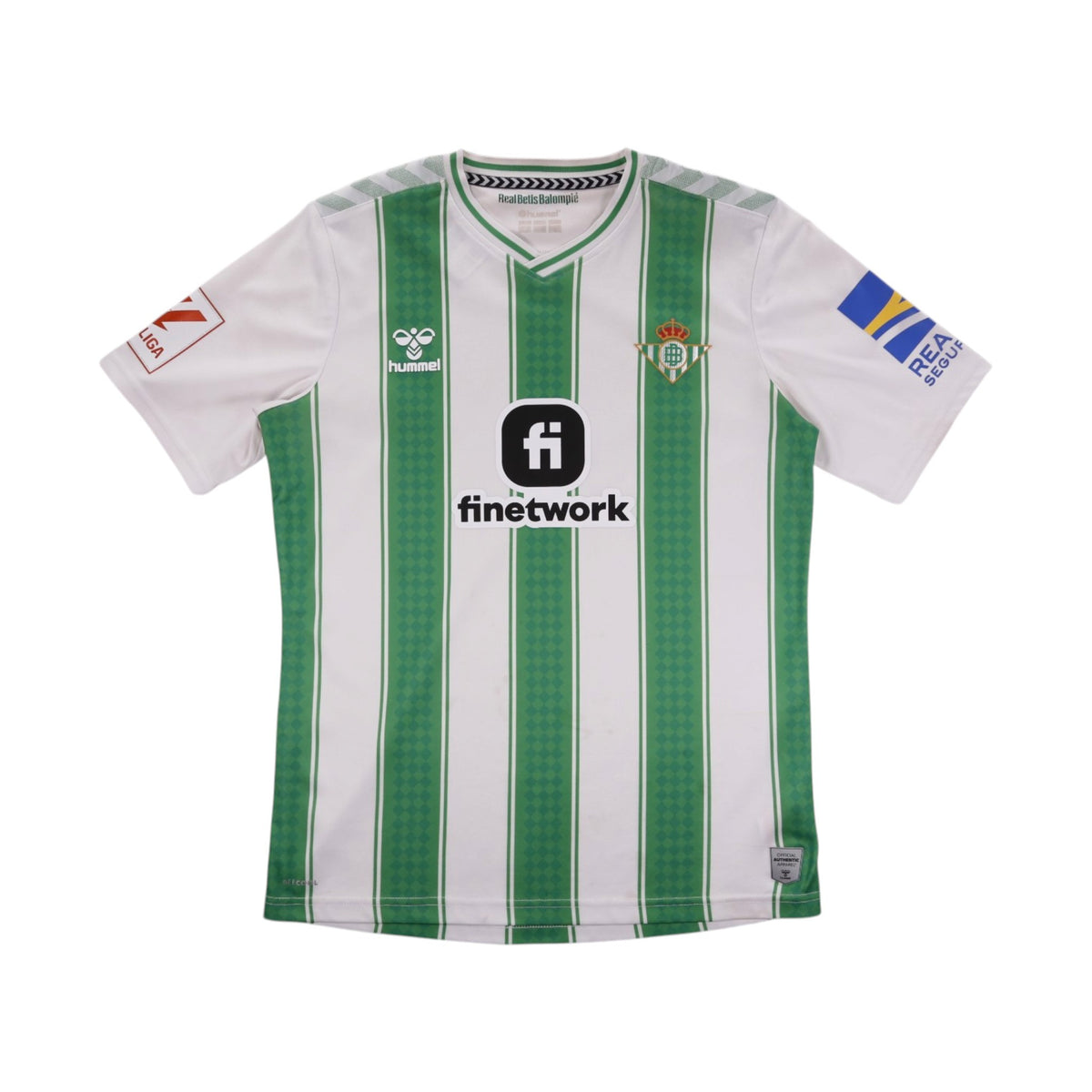 Front of 2023/24 Real Betis home shirt with finetwork sponsor and hummel logo