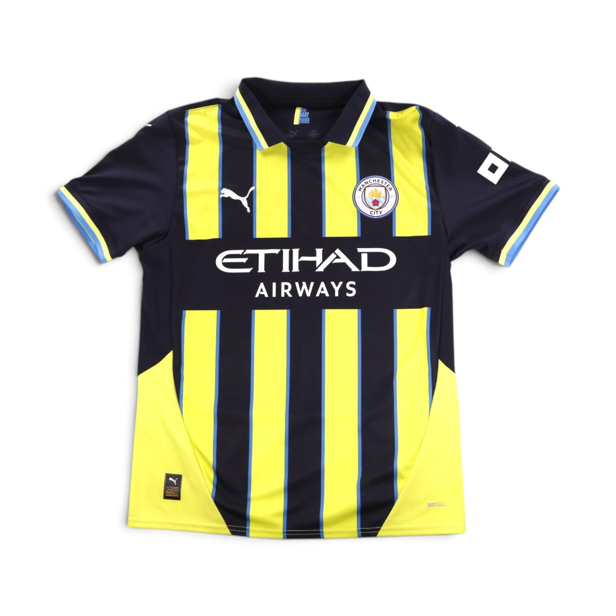 Manchester City 2024/25 away shirt front, navy with yellow stripes and Etihad Airways sponsor