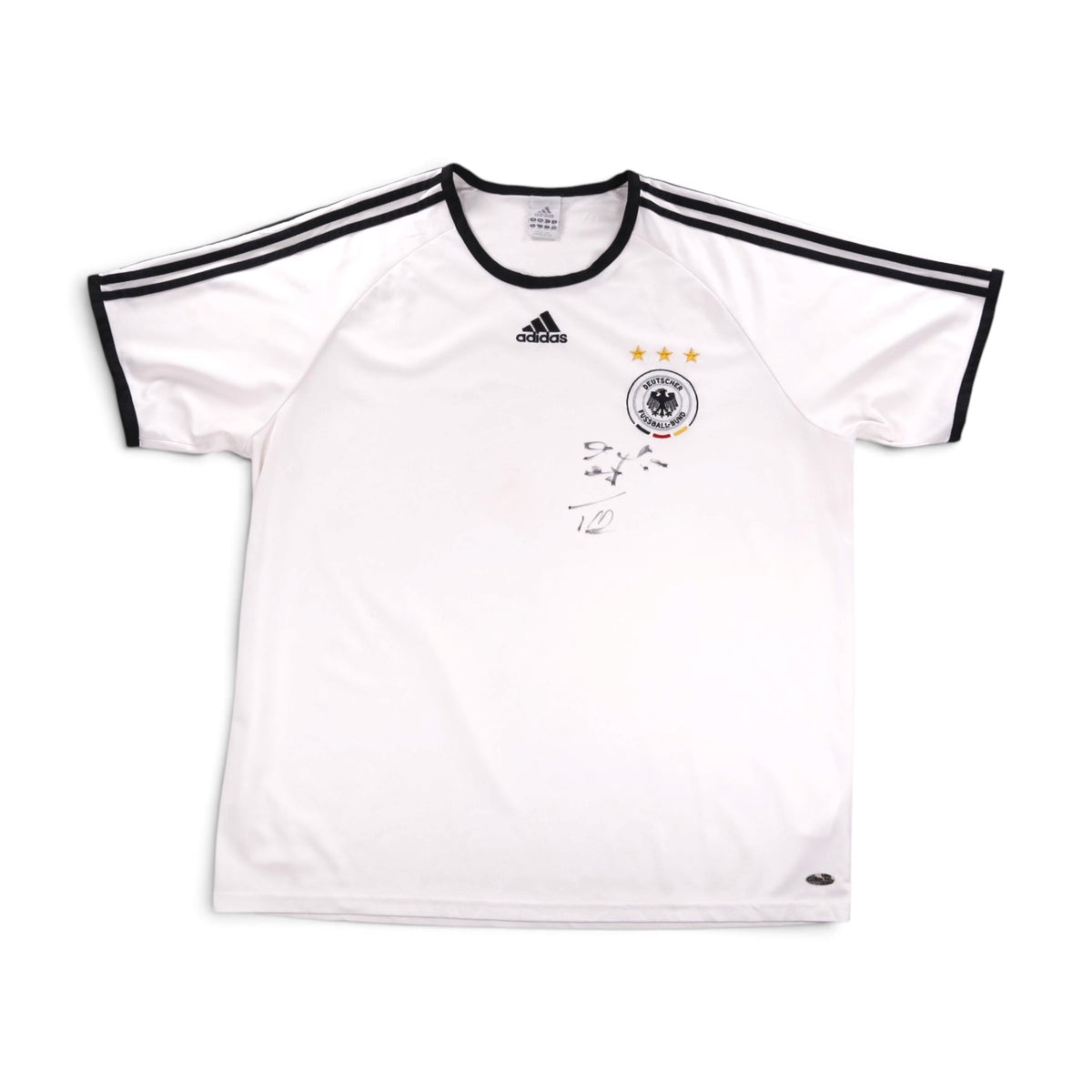 Front view of white Germany 2007/08 adidas training shirt with black trim and signature on chest