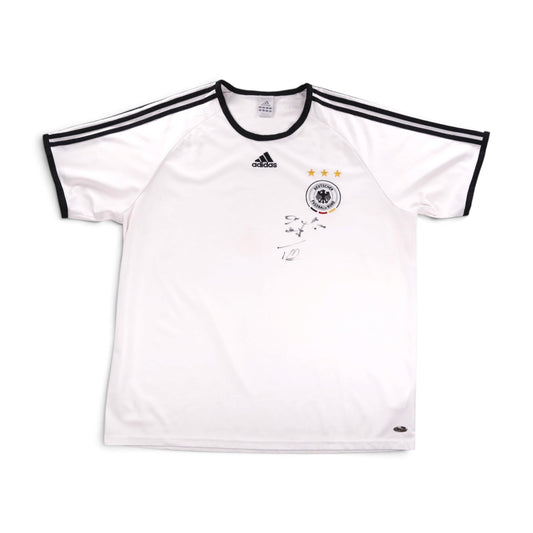 Front view of white Germany 2007/08 adidas training shirt with black trim and signature on chest