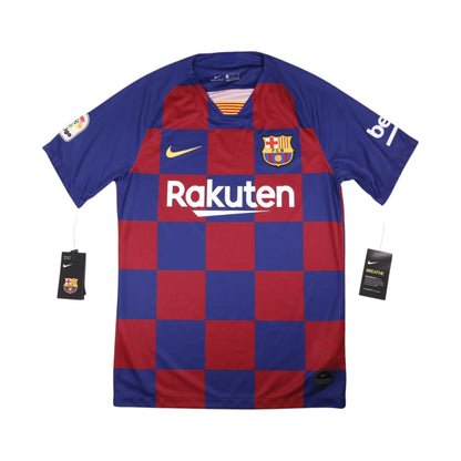 Barcelona home shirt front view showing blue and claret checkerboard pattern and Rakuten sponsor