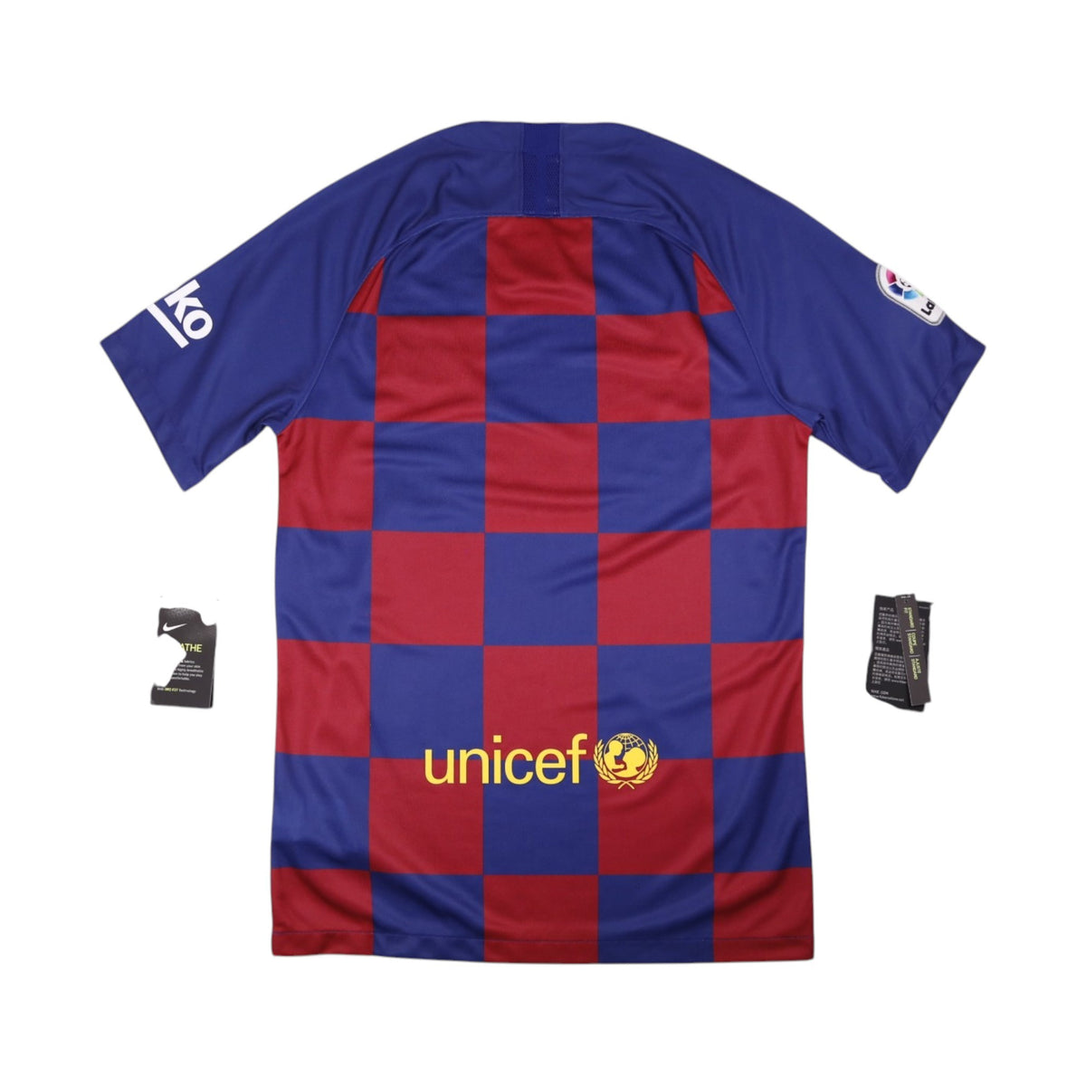 Barcelona home shirt back view showing Unicef logo and checkerboard pattern