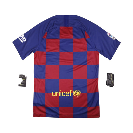 Barcelona home shirt back view showing Unicef logo and checkerboard pattern