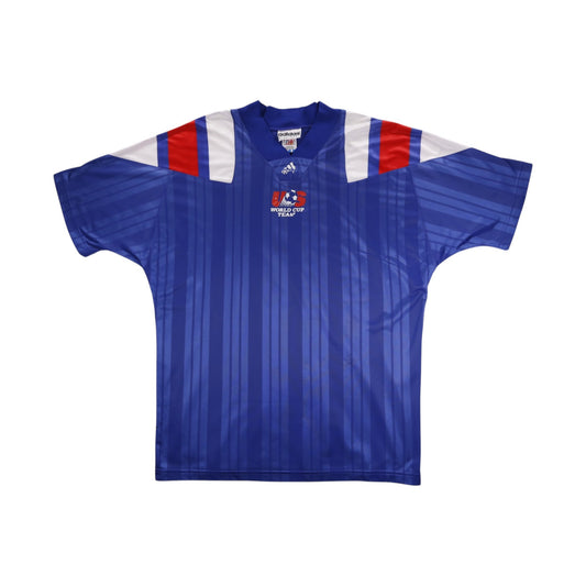 Front of blue USA World Cup Team adidas away shirt with white and red shoulder panels