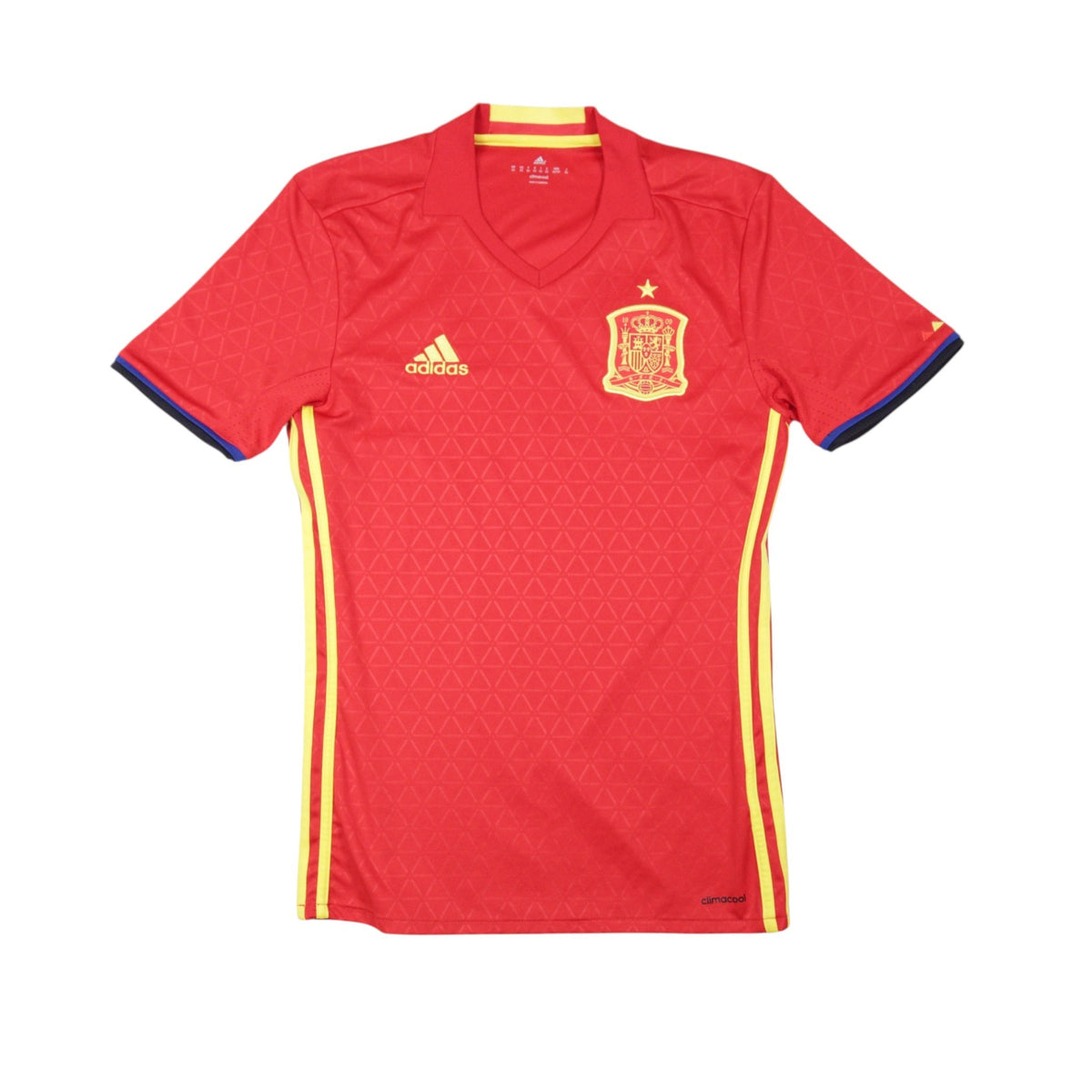 Front view of 2016/17 Spain home football shirt by adidas, red with yellow trim