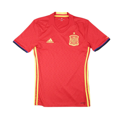 Front view of 2016/17 Spain home football shirt by adidas, red with yellow trim