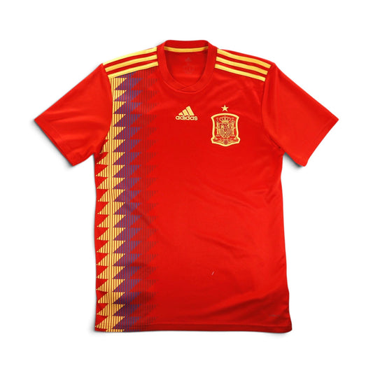 Front view of the 2018/19 Spain home football shirt, red with gold and navy trim