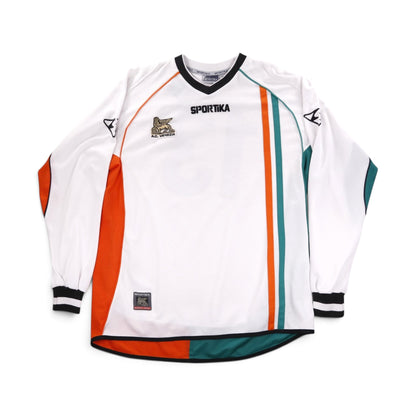 Venezia away long-sleeve shirt by Sportika, front view, white with orange and teal trim