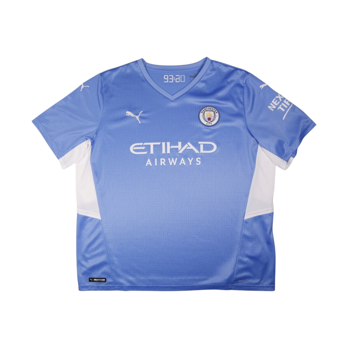 Manchester City 2021/22 home shirt front view showing Etihad Airways sponsor and crest